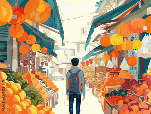  A solo traveler explores a bustling city market their senses overwhelmed by the sights sounds and exotic smells of unfamiliar foods and handcrafted treasures. 