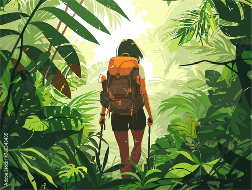  A solo backpacker treks through a dense rainforest the lush greenery and diverse wildlife offering a unique and thrilling adventure. 