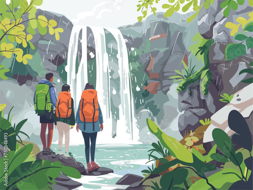  A group of hikers reach a hidden waterfall the sound of cascading water and the cool mist filling their senses with a sense of peaceful serenity. 