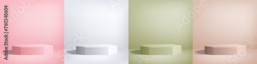 3D podium set in minimalist studio background. Monochrome showroom or photo space of pink, white, beige and olive colors with low platform. Empty square vector template for product presentation.