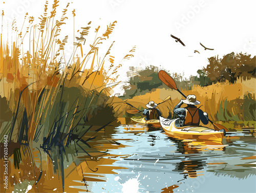  A group of kayakers paddle through a peaceful marsh observing diverse birdlife and the serene beauty of nature.  photo