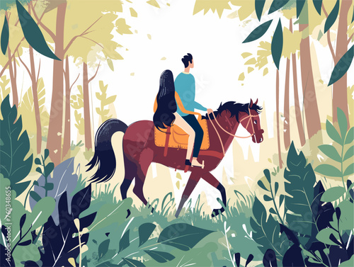  A couple takes a horseback ride through a scenic forest soaking in the tranquility of the natural surroundings. 