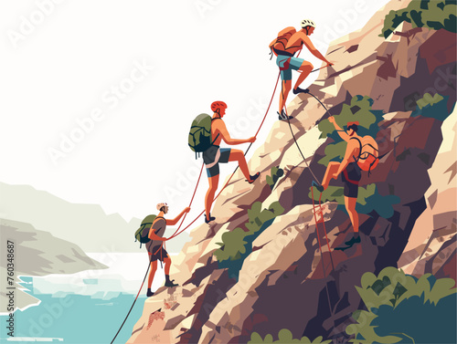  A group of rock climbers scale a challenging cliff face relying on teamwork and trust to reach the top. 