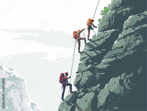  A group of rock climbers scale a challenging cliff face relying on teamwork and trust to reach the top. 