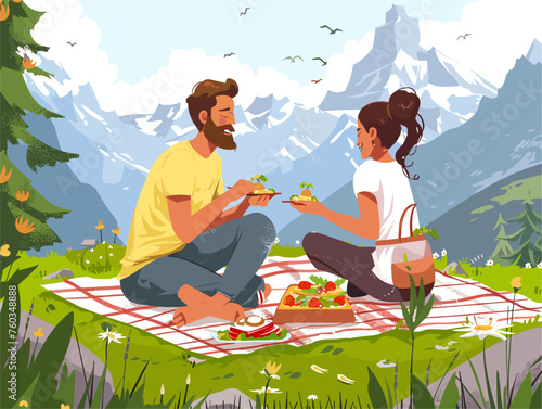  A couple enjoys a romantic picnic on a scenic overlook sharing a delicious meal and breathtaking views with each other. 