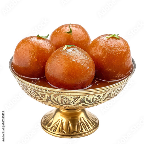 front view of delicious-looking Gulab Jamun in a golden dessert bowl, food photography style isolated on a white transparent background 