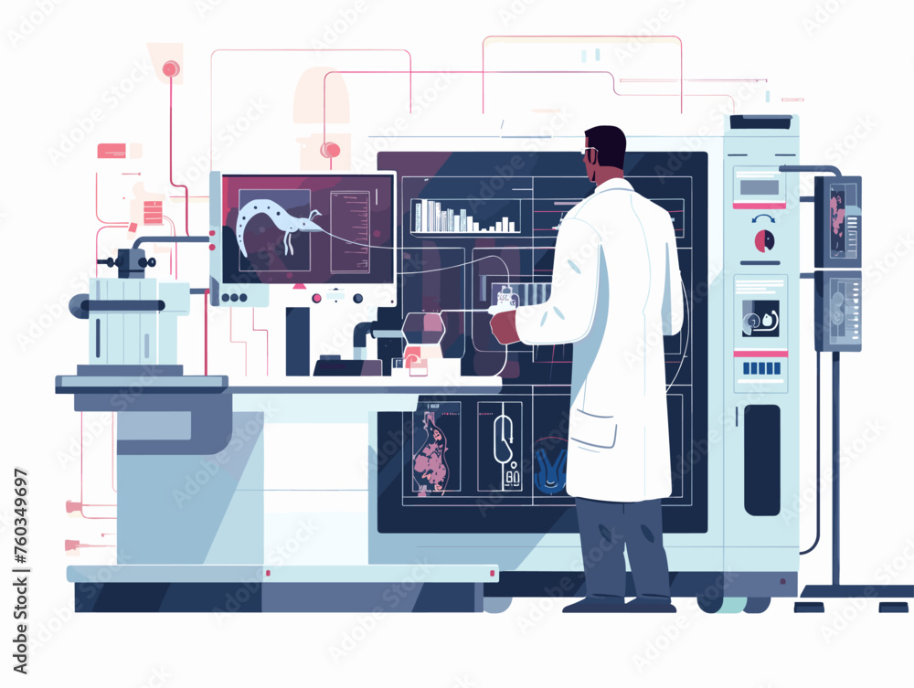 A scientist in a sterile lab observes a bioengineered creature in a ...