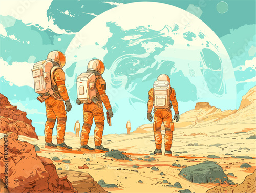  A group of colonists clad in protective suits explore a newly discovered planet marveling at the alien landscape and searching for signs of life. 