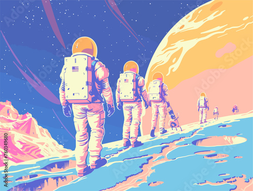  A group of colonists clad in protective suits explore a newly discovered planet marveling at the alien landscape and searching for signs of life. 