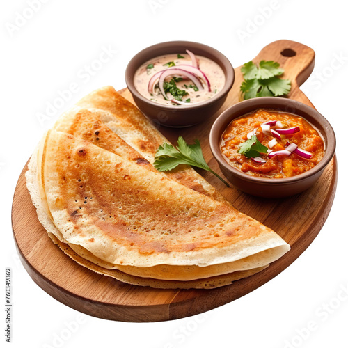 front view of delicious-looking Masala Dosa presented on a wooden serving board, food photography style isolated on a white transparent background 