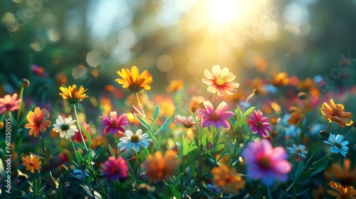 Vibrant field of flowers at sunrise © pixcel3d