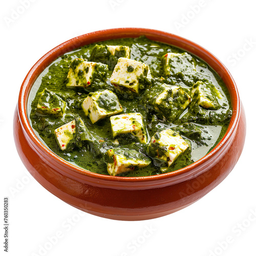  front view of delicious-looking Palak Paneer served in a classic ceramic bowl, food photography style isolated on a white transparent background 