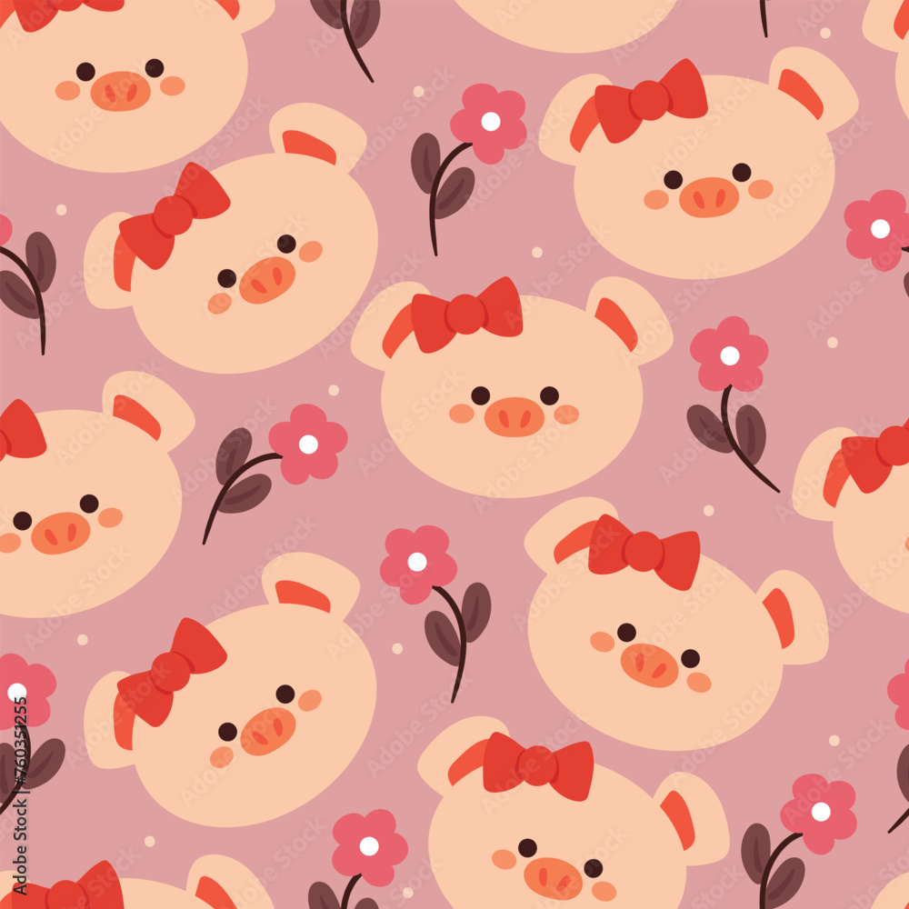 seamless pattern cartoon pig and flower. cute animal wallpaper for textile, gift wrap paper