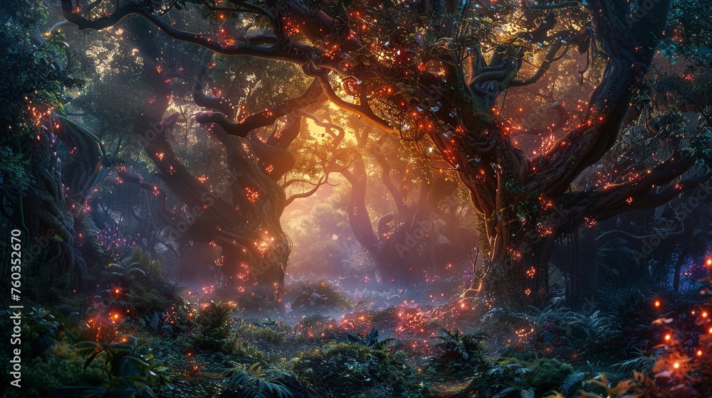 Fantasy forest with Mahabharata heroes twilight