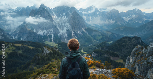 Wallpaper Mural Man enjoying view of beautiful nature in mountains. Travel alone in the mountains.  Torontodigital.ca
