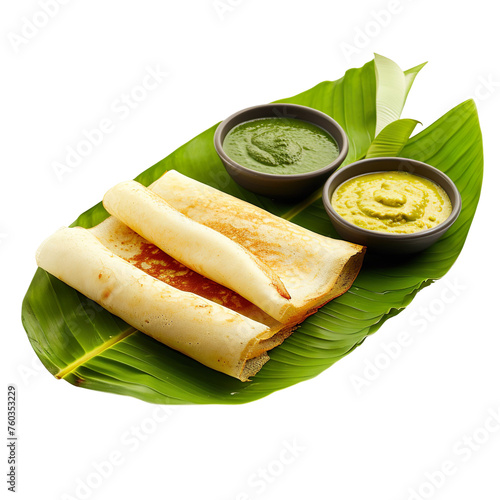 front view of tempting Neer Dosa with Coconut Chutney on a banana leaf, food photography style isolated on a white transparent background photo