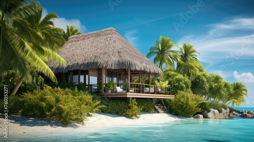 tropical island bungalow building illustration paradise ocean, palm hut, thatch retreat tropical island bungalow building
