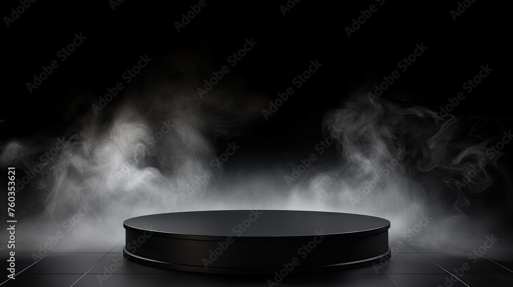 Round black podium with smoke on dark background
