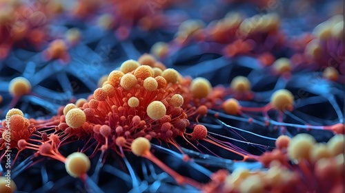 Close-up of a Vibrant Purple and Blue Substance, Bacteria and Cells Under Microscope in the Laboratory, Coronavirus Close-Up View, and Medical Image of Cancer Cells Spreading in the Human Body  photo