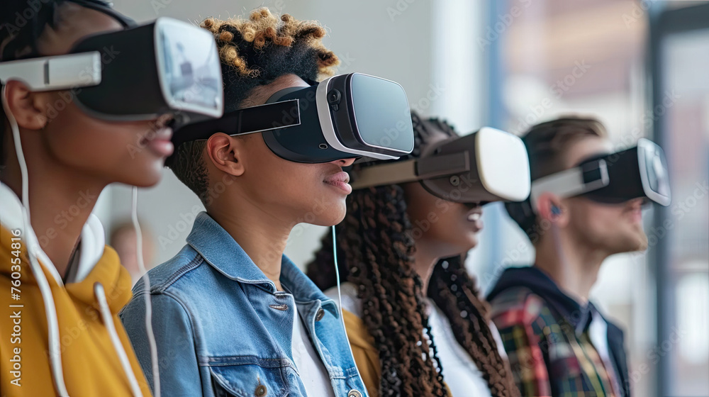 Multiethnic students using VR headsets in school Multiethnic students using VR headsets in school