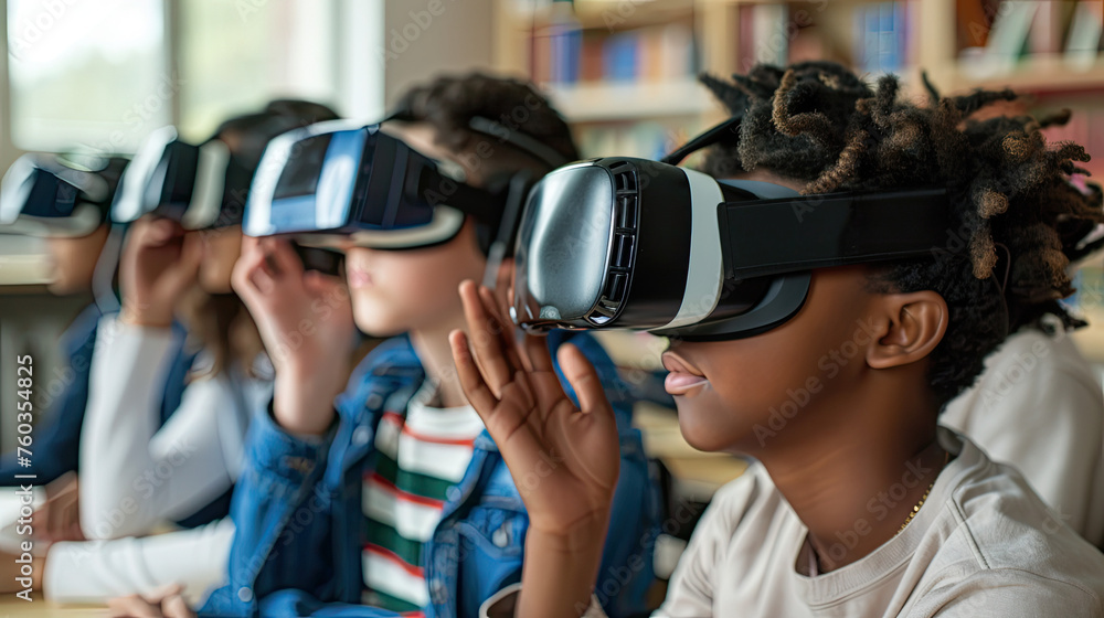 Multiethnic students using VR headsets in school