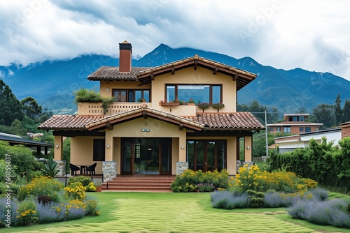 A Bogot mountain backdrop complements a craftsman-style home photo