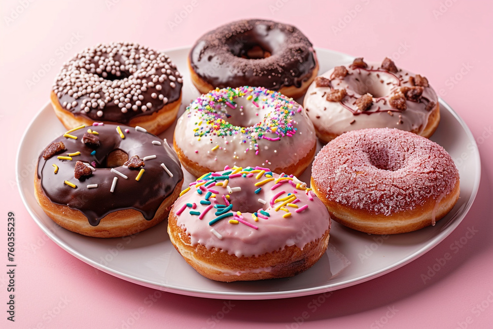 A tray of assorted donuts with different toppings and fillings. Glazed, sprinkled, chocolate, jam, and custard. Sweet and tempting treats on a pink background.