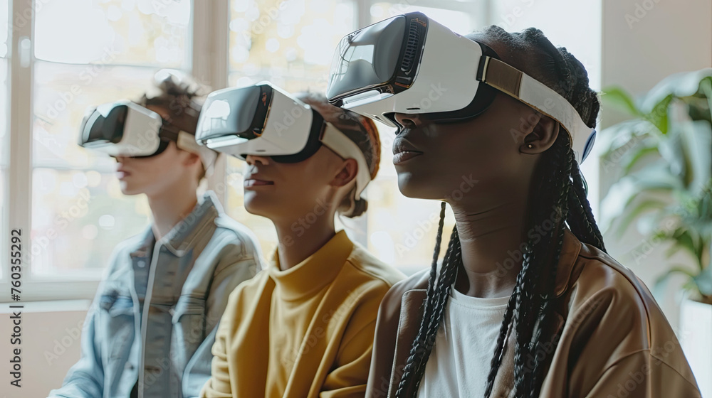 Multiethnic students using VR headsets in school Multiethnic students using VR headsets in school