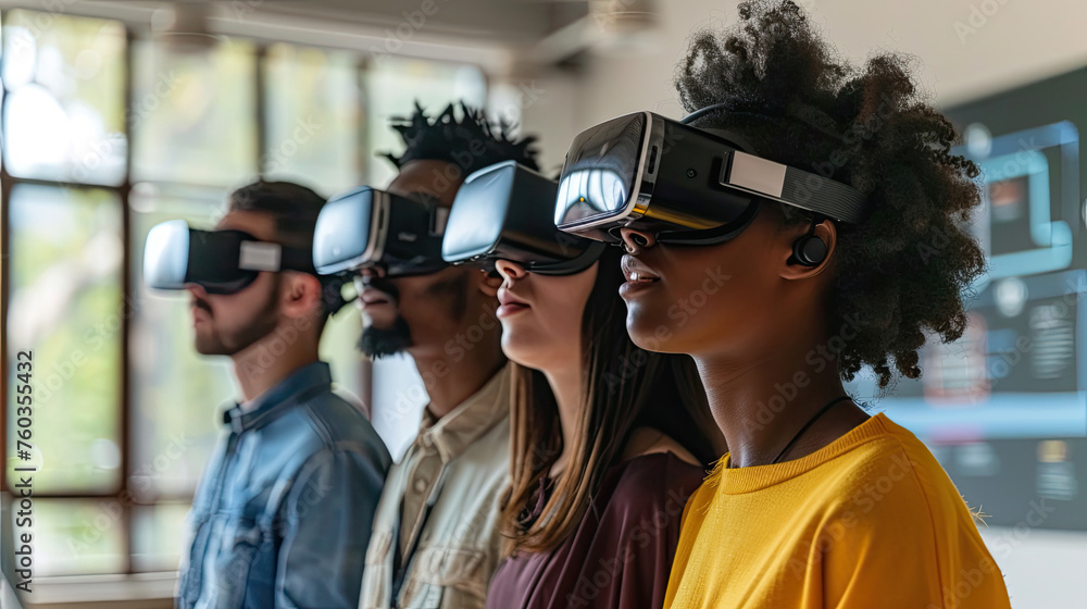 Multiethnic students using VR headsets in school Multiethnic students using VR headsets in school