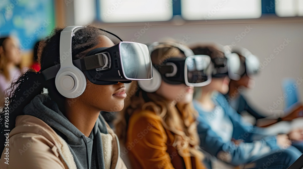 Multiethnic students using VR headsets in school Multiethnic students using VR headsets in school
