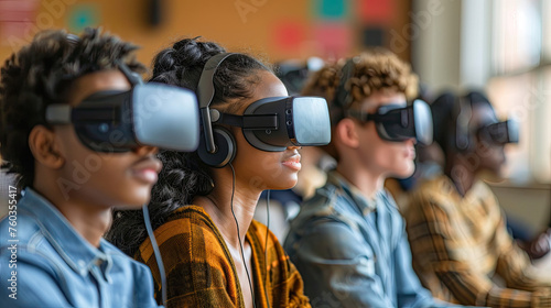 Multiethnic students using VR headsets in school
