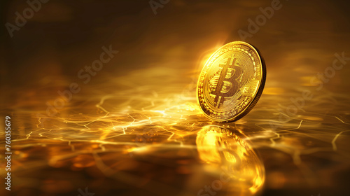 A luminous cryptocurrency golden bitcoin, emitting a soft, ethereal glow that illuminates its surroundings,