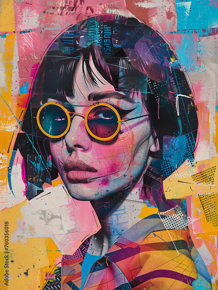 Retro Collage of Vintage Pop Fashion Girl with Round Glasses Poster HD Print Neo Art V8 8