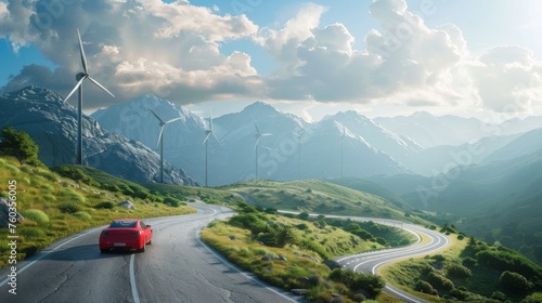 A red car driving down a winding mountain road