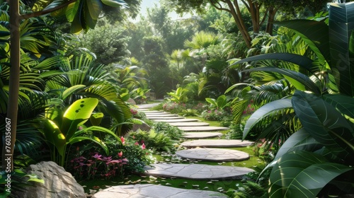 A pathway in a tropical garden with stepping stones photo