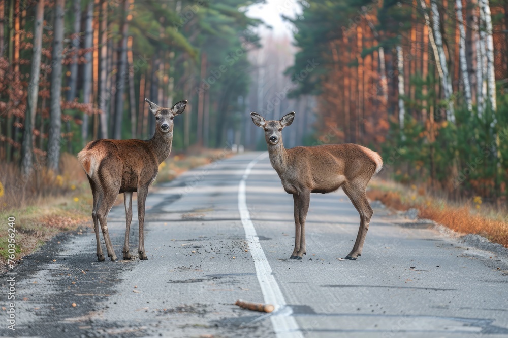 Fototapeta premium Deers standing on the road near forest at early morning or evening time. Road hazards, wildlife and transport.