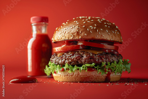 A burger with beef, cheese, lettuce, and tomato on a sesame bun. A bite mark and a ketchup bottle on the side. Juicy and delicious meal on a red background. © IBRAHEEM'S AI