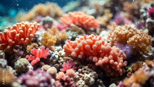 Coral reef in the sea, underwater scene of corals and sea anemones A vibrant ecosystem of coral reefs View from Above the Water, Admire the symmetrical coral reefs' exquisite designs.