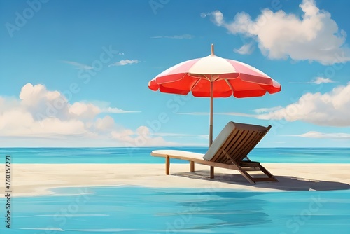 Minimal summer holidays vacation concept. Beach umbrella in front of blue sky and sea. Chilling  lounging on the beach Generative AI