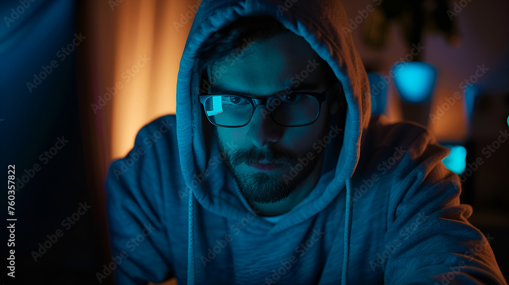 cyber security A man wearing a hoodie and glasses looks at a computer screen. of focus and concentration while a man is deeply involved in his work. Hacker concept cyber security A man wearing a hoodie and glasses looks at a computer screen. of focus and concentration while a man is deeply involved in his work. Hacker concept