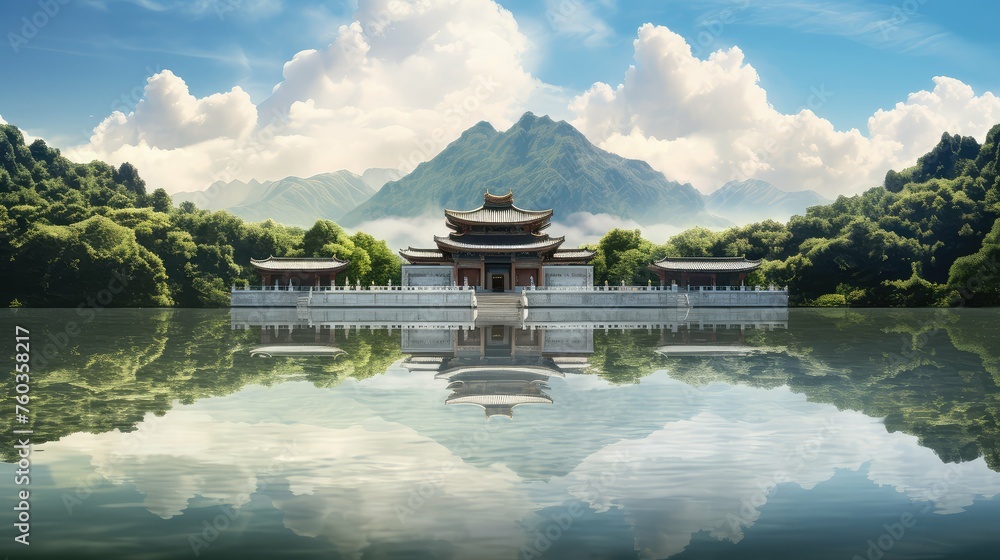 Fototapeta premium sacred landscape temple building illustration spiritual ancient, modern serene, peaceful majestic sacred landscape temple building
