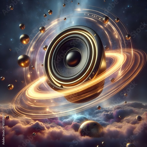 Big golden music speaker floating in cosmic space