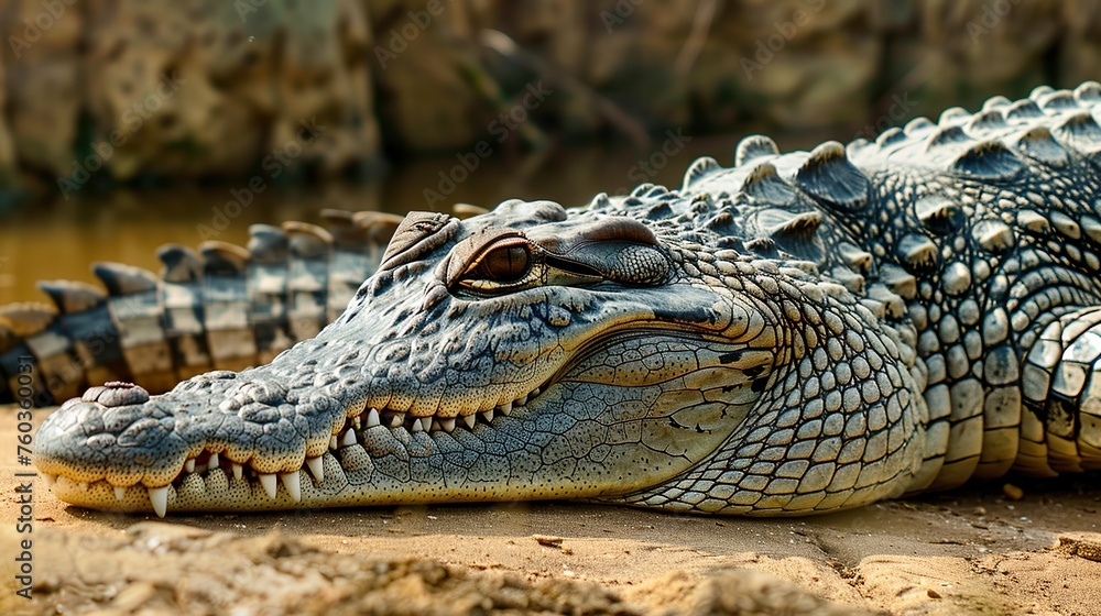 Fototapeta premium A nice crocodile resting on land by the river