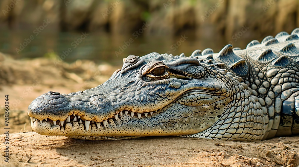Fototapeta premium A nice crocodile resting on land by the river