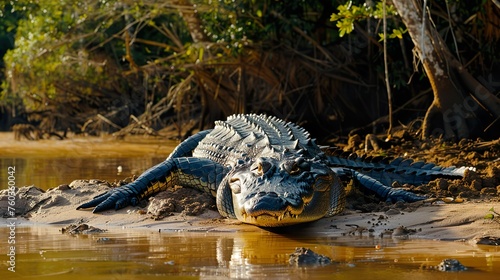 A nice crocodile resting on land by the river