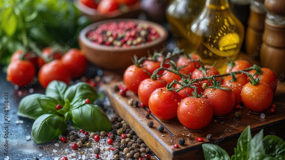 fresh tomatoes with basil and bottle of oil fresh tomatoes with basil and bottle of oil