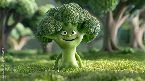 Cute broccoli 3D cartoon character. Generative AI.