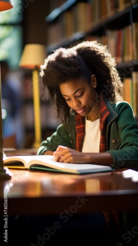 A Black student, schoolgirl reads book in the library for education, exams, studies, scientific research in the school, university, college Library. Education, Literature, Hobbies and Leisure concepts