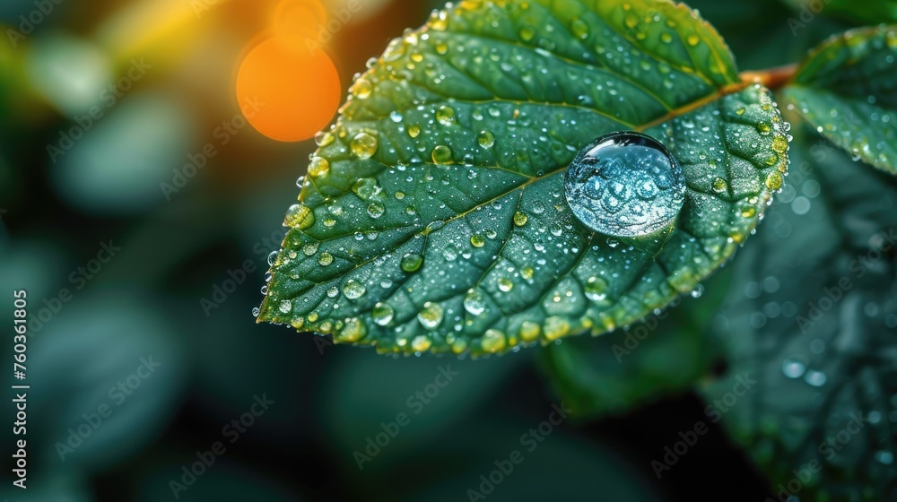A macro lens captures the beauty of crystal-clear dew drops adorning a lush green leaf, set against a soft-focus background of sunlight, creating a scene of pure natural elegance. A macro lens captures the beauty of crystal-clear dew drops adorning a lush green leaf, set against a soft-focus background of sunlight, creating a scene of pure natural elegance.