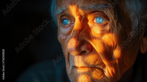 Intense portrait of an elderly man with his face illuminated by the dramatic warm light of a sunset. © Fostor